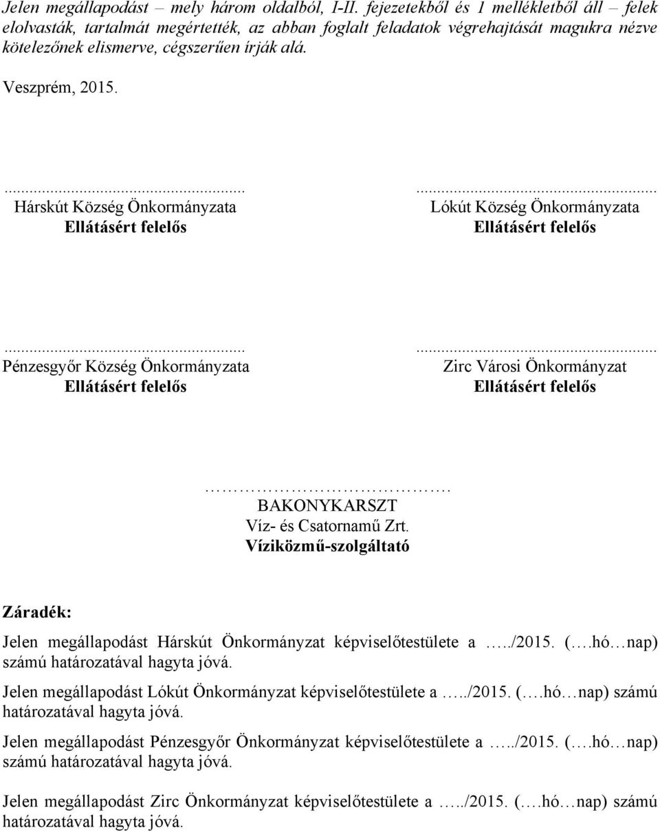 Hárskút Község Önkormányzata Lókút Község Önkormányzata Pénzesgyőr Község Önkormányzata Zirc Városi Önkormányzat. BAKONYKARSZT Víz- és Csatornamű Zrt.