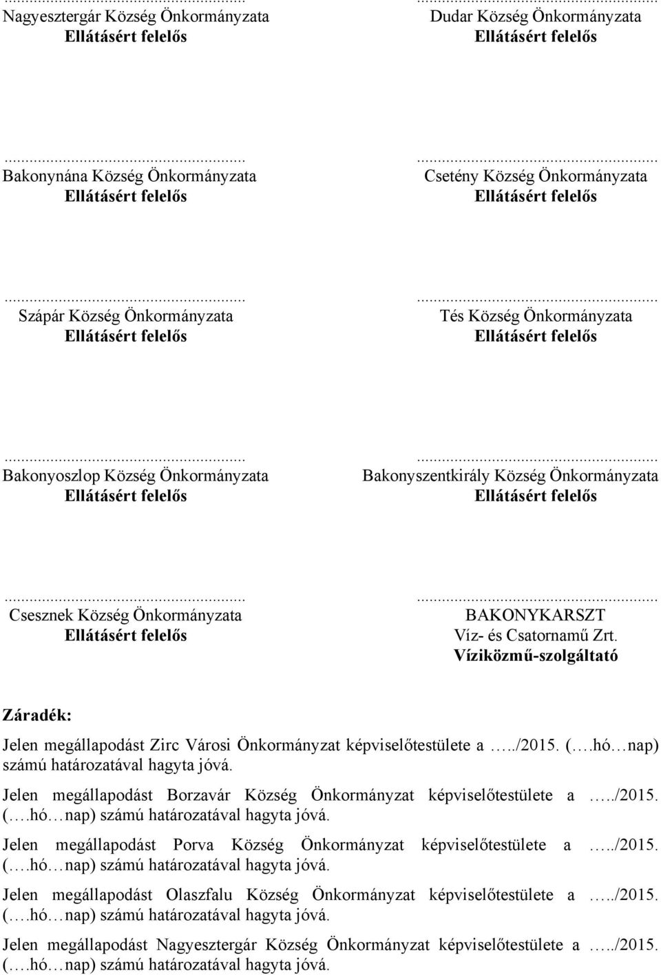 Víziközmű-szolgáltató Záradék: Jelen megállapodást Zirc Városi Önkormányzat képviselőtestülete a../2015. (.hó nap) számú határozatával hagyta jóvá.