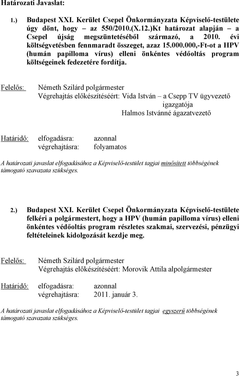 Végrehajtás előkészítéséért: Vida István a Csepp TV ügyvezető igazgatója Halmos Istvánné ágazatvezető végrehajtásra: folyamatos A határozati javaslat elfogadásához a Képviselő-testület tagjai