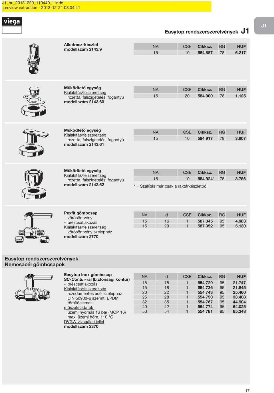 62 NA CSE Cikksz. RG HUF 15 10 584 924* 78 3.786 * = Szállítás már csak a raktárkészletből Pexfit gömbcsap vörösöntvény préscsatlakozás vörösöntvény szelepház modellszám 2770 15 16 1 587 345 95 4.