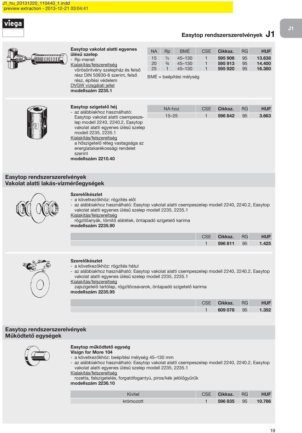 380 BMÉ = beépítési mélység Easytop szigetelő héj Easytop vakolat alatti csempeszelep modell 2240, 2240.2, Easytop vakolat alatti egyenes ülésű szelep modell 2235, 2235.