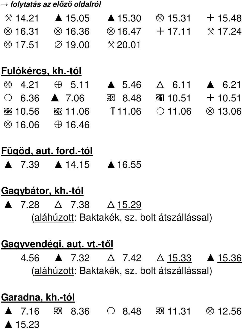 46 Fügöd, aut. ford.-tól I 7.39 I 14.15 I 16.55 Gagybátor, kh.-tól I 7.28 W 7.38 W 15.29 (aláhúzott: Baktakék, sz.