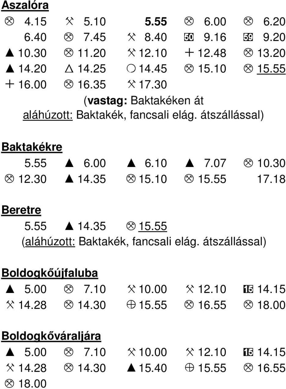 30 I 14.35 M 15.10 M 15.55 17.18 Beretre 5.55 I 14.35 M 15.55 (aláhúzott: Baktakék, fancsali elág. átszállással) Boldogkőújfaluba I 5.00 M 7.10 X 10.