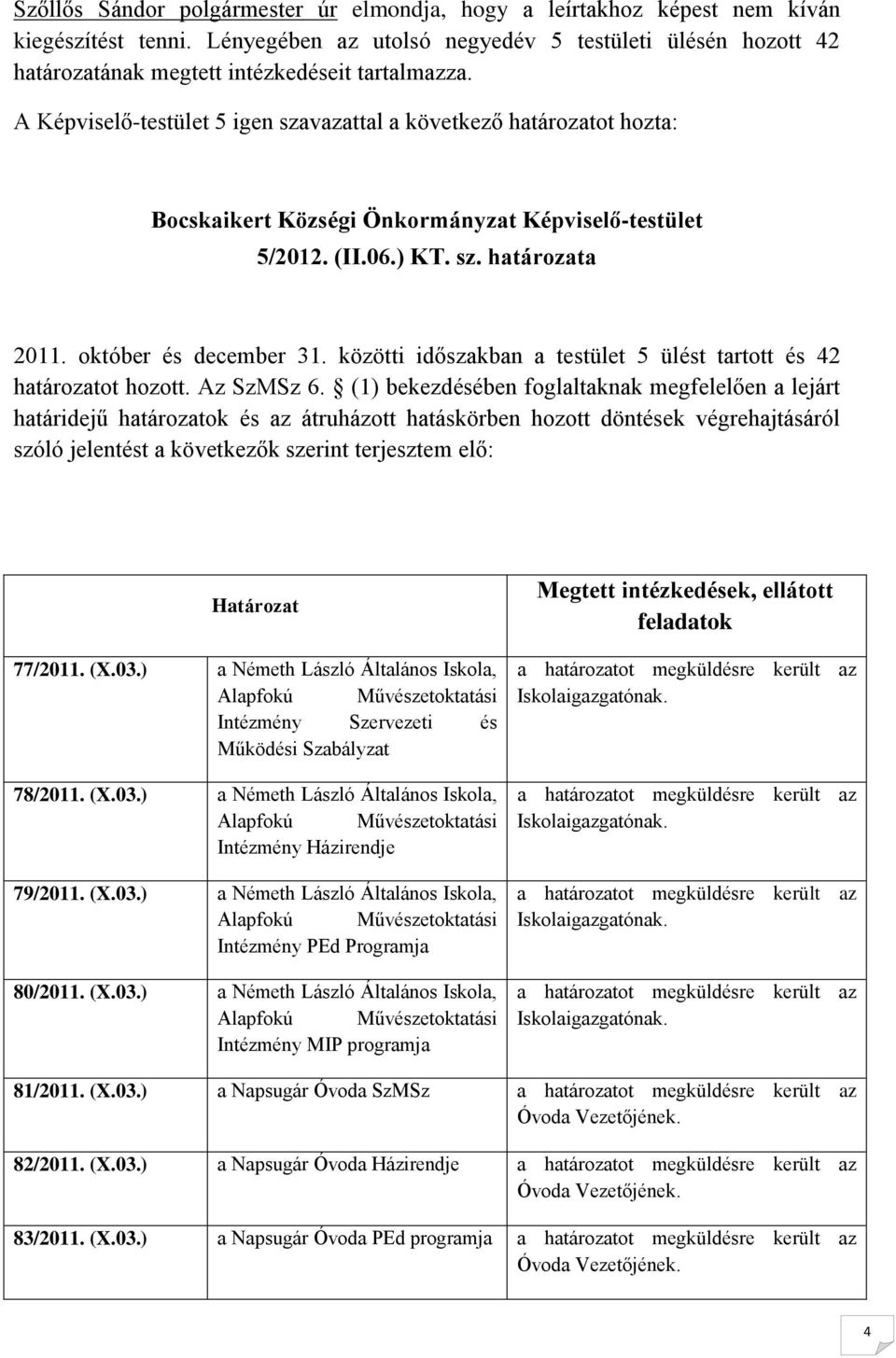 A Képviselő-testület 5 igen szavazattal a következő határozatot hozta: Bocskaikert Községi Önkormányzat Képviselő-testület 5/2012. (II.06.) KT. sz. határozata 2011. október és december 31.