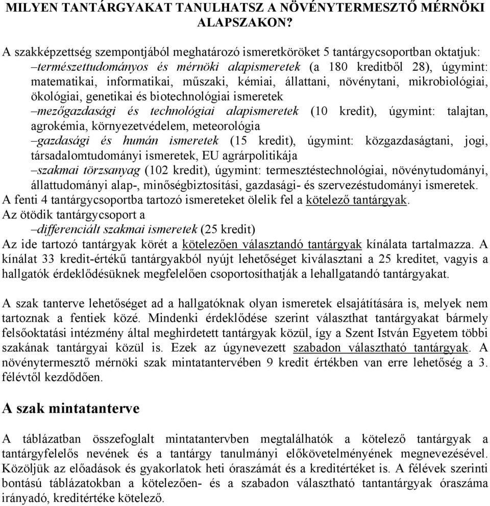kémiai, állattani, növénytani, mikrobiológiai, ökológiai, genetikai és biotechnológiai ismeretek mezőgazdasági és technológiai alapismeretek (10 ), úgymint: talajtan, agrokémia, környezetvédelem,