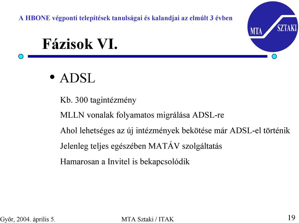 lehetséges az új intézmények bekötése már ADSL-el történik Jelenleg