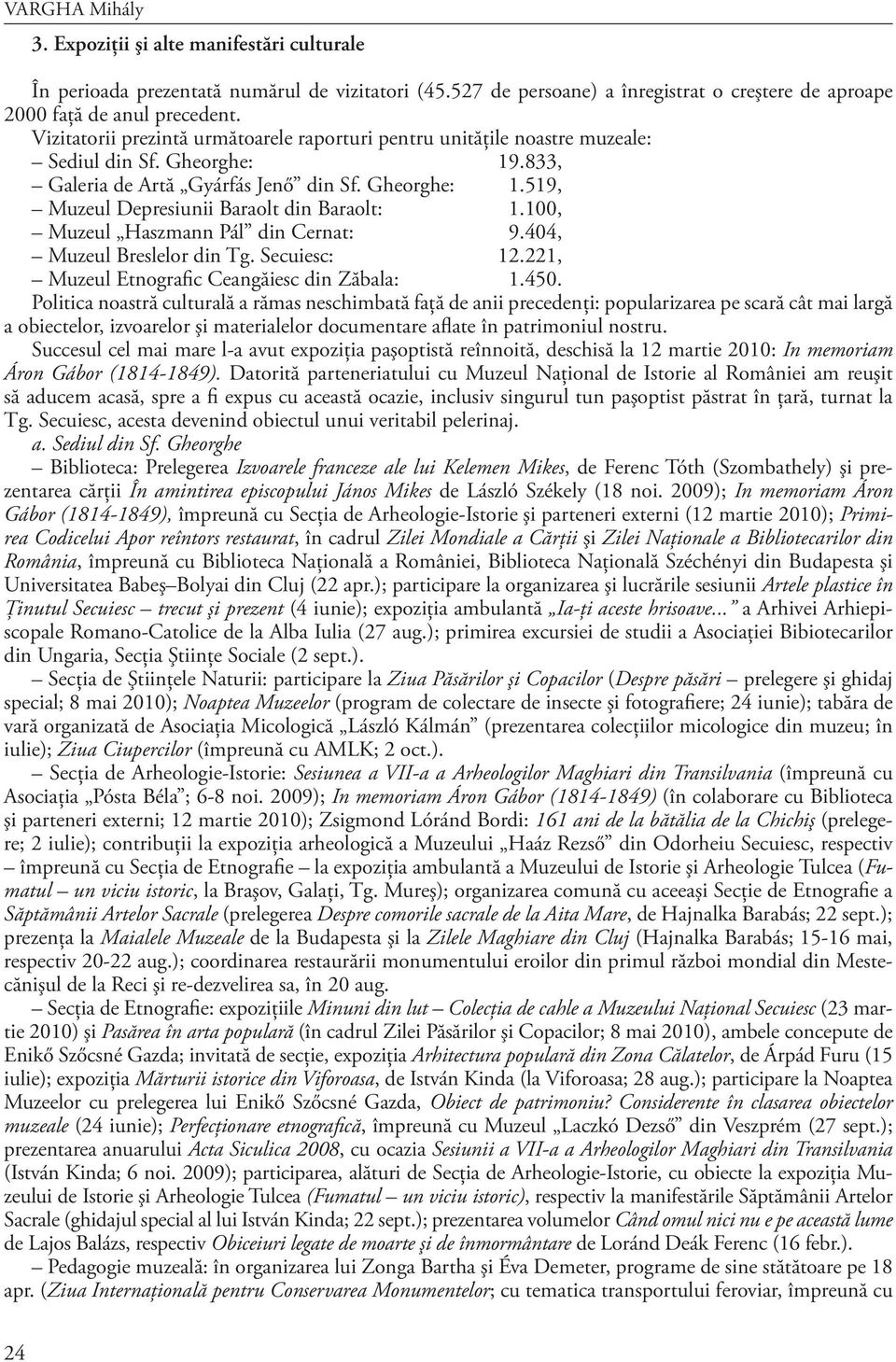 100, Muzeul Haszmann Pál din Cernat: 9.404, Muzeul Breslelor din Tg. Secuiesc: 12.221, Muzeul Etnografic Ceangăiesc din Zăbala: 1.450.