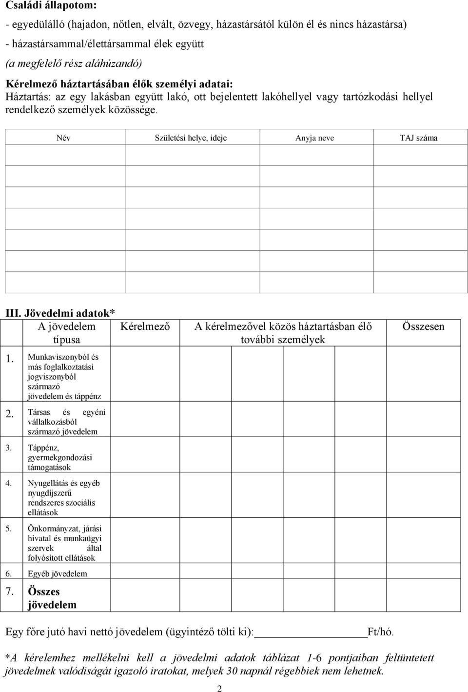 Név Születési helye, ideje Anyja neve TAJ száma III. Jövedelmi adatok* A jövedelem típusa Kérelmező A kérelmezővel közös háztartásban élő további személyek Összesen 1.