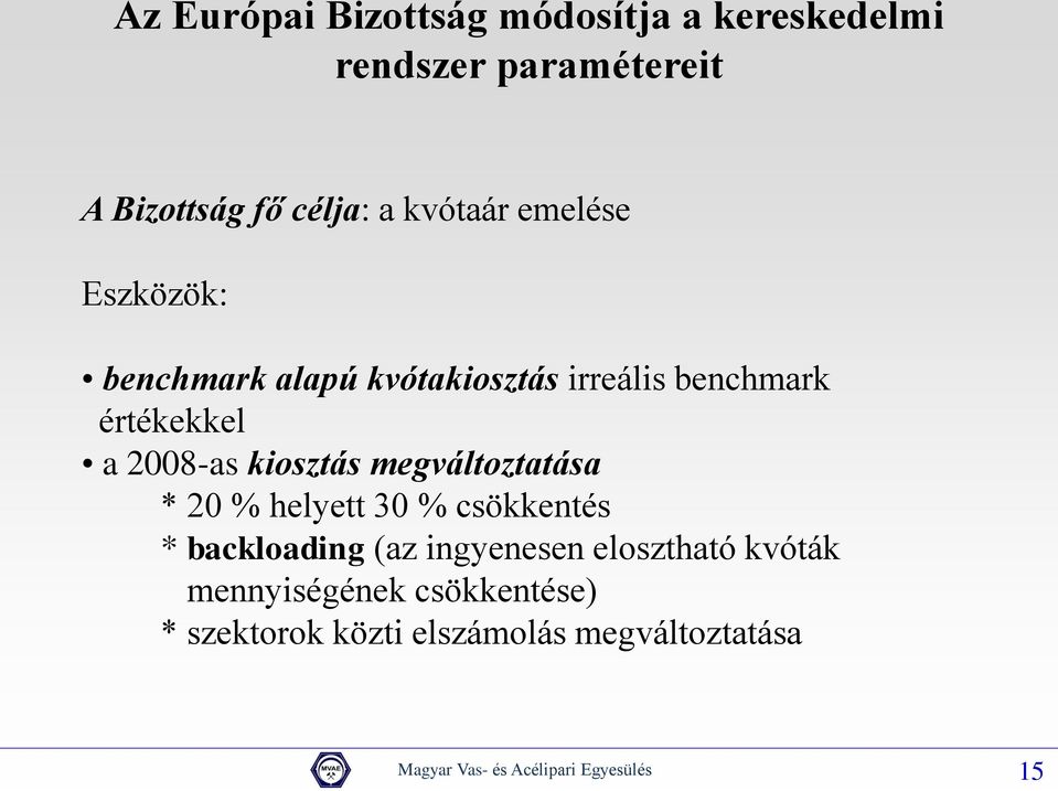 megváltoztatása * 20 % helyett 30 % csökkentés * backloading (az ingyenesen elosztható kvóták