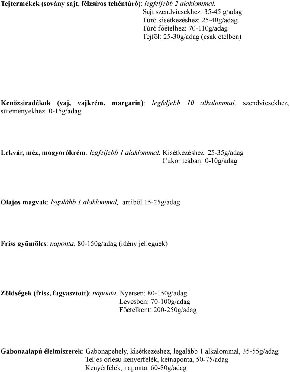 szendvicsekhez, süteményekhez: 0-15g/adag Lekvár, méz, mogyorókrém: legfeljebb 1 alaklommal.