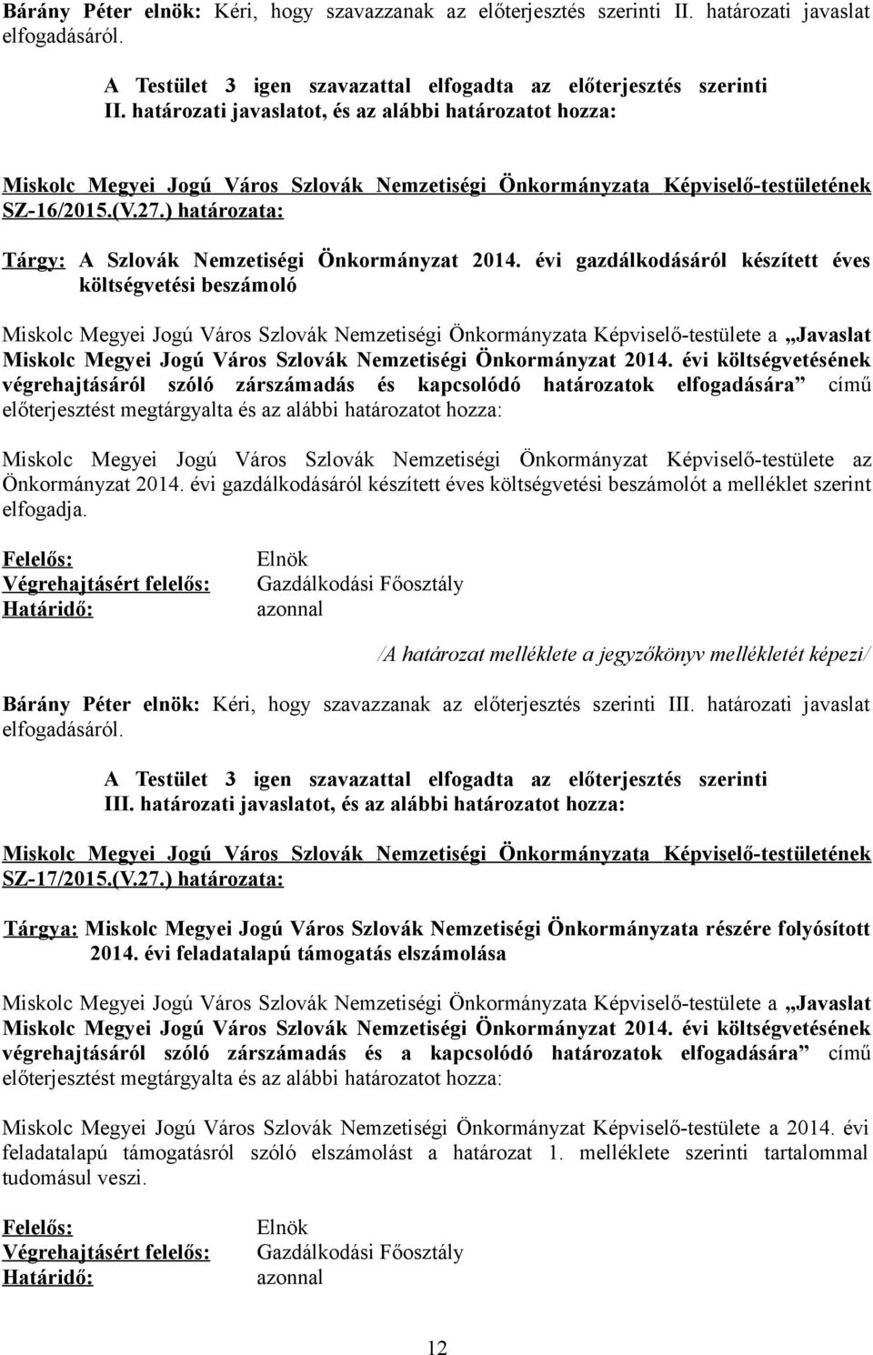 ) határozata: Tárgy: A Szlovák Nemzetiségi Önkormányzat gazdálkodásáról készített éves költségvetési beszámoló Miskolc Megyei Jogú Város Szlovák Nemzetiségi Önkormányzata Képviselő-testülete a