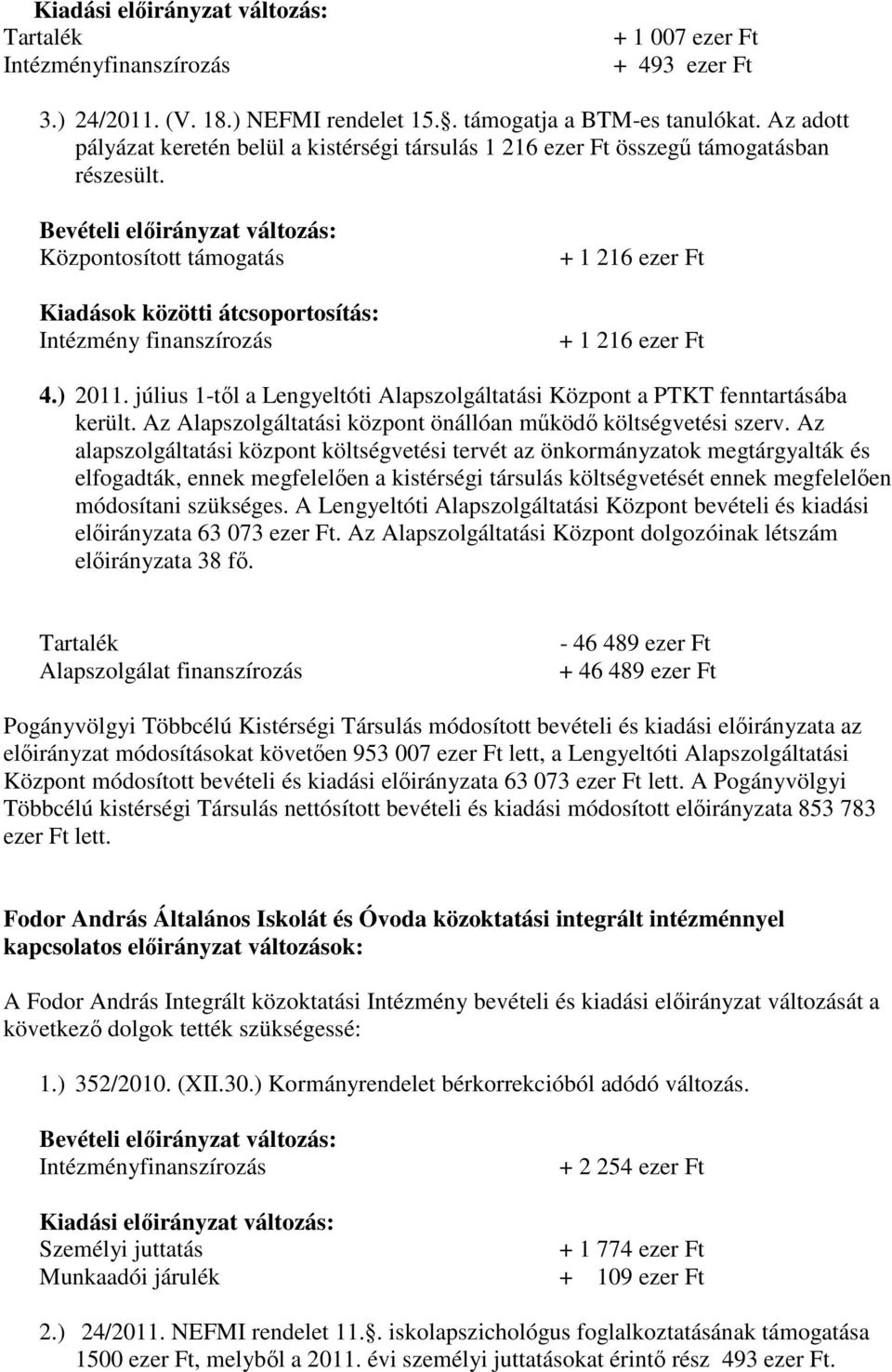 Bevételi előirányzat változás: Központosított támogatás Kiadások közötti átcsoportosítás: Intézmény finanszírozás + 1 216 ezer Ft + 1 216 ezer Ft 4.) 2011.