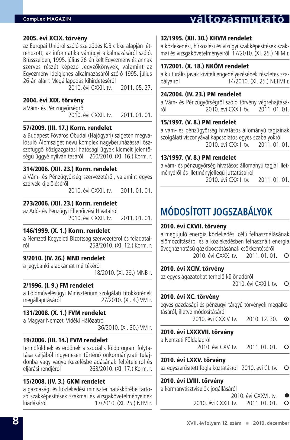 tv. 2011. 05. 27. 2004. évi XIX. törvény a Vám- és Pénzügyőrségről 2010. évi CXXII. tv. 2011. 01. 01. 57/2009. (III. 17.) Korm.