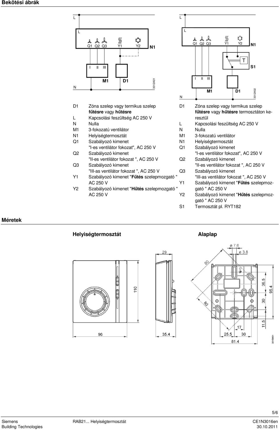 "III-as ventilátor fokozat ", AC 250 V Q3 Szabályozó kimenet "Fűtés szelepmozgató " AC 250 V Szabályozó kimenet "Hűtés szelepmozgató " AC 250 V S1 Zóna szelep vagy termikus szelep fűtésre vagy