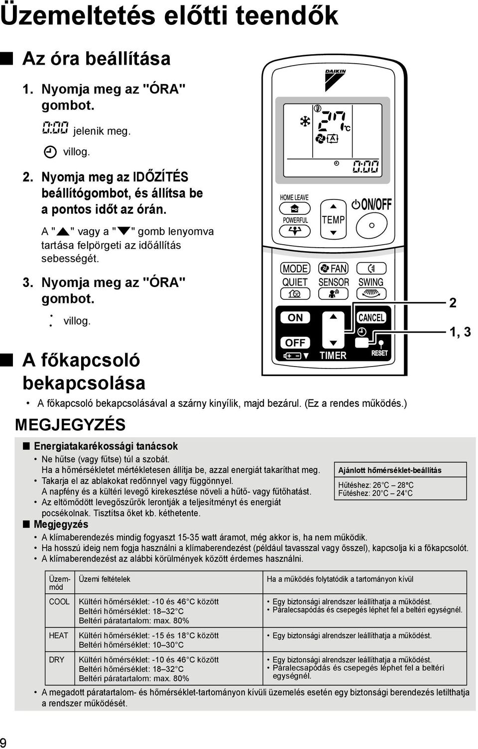 A főkapcsoló bekapcsolása A főkapcsoló bekapcsolásával a szárny kinyílik, majd bezárul. (Ez a rendes működés.) MEGJEGYZÉS TIMER Energiatakarékossági tanácsok Ne hűtse (vagy fűtse) túl a szobát.