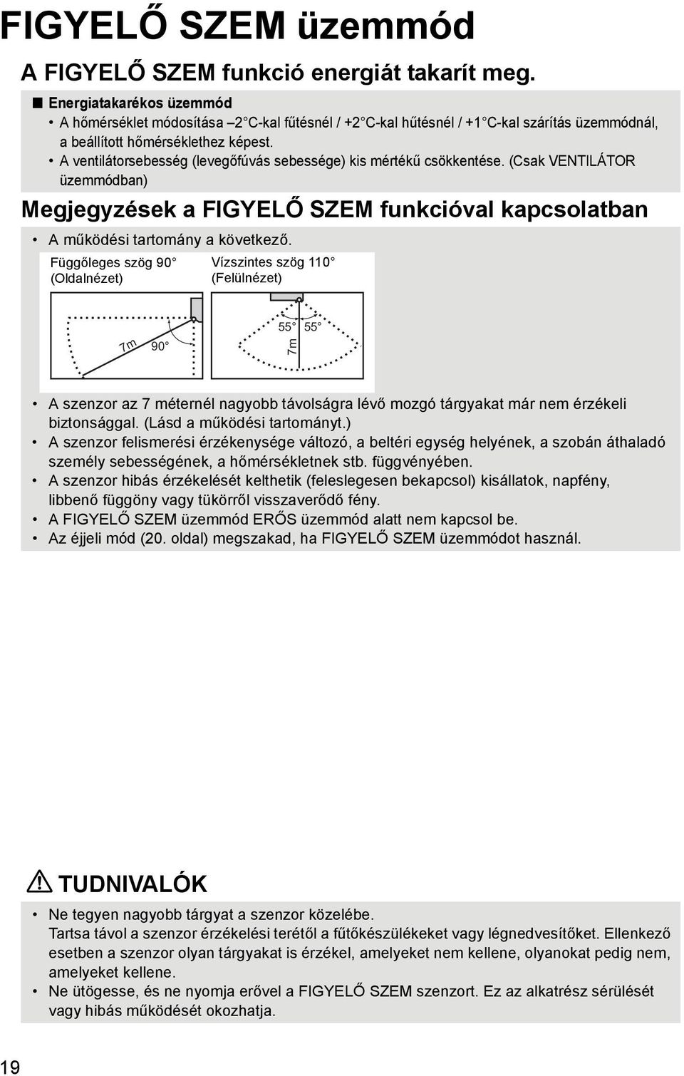 A ventilátorsebesség (levegőfúvás sebessége) kis mértékű csökkentése. (Csak VENTILÁTOR üzemmódban) Megjegyzések a FIGYELŐ SZEM funkcióval kapcsolatban A működési tartomány a következő.