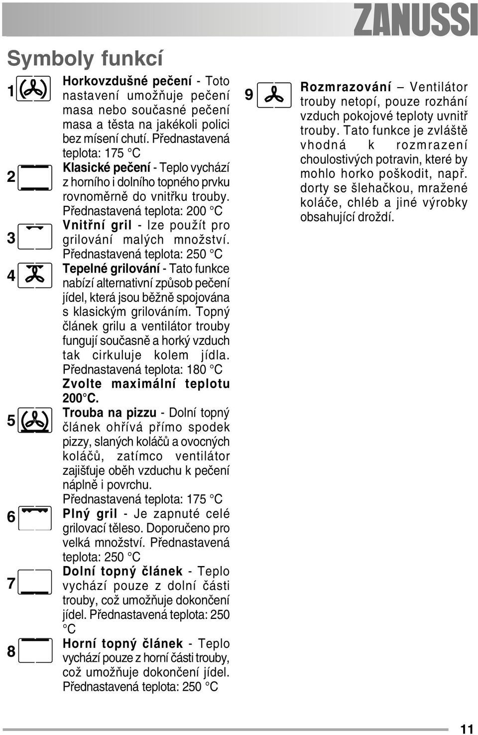 Přednastavená teplota: 200 C Vnitřní gril - lze použít pro grilování malých množství.