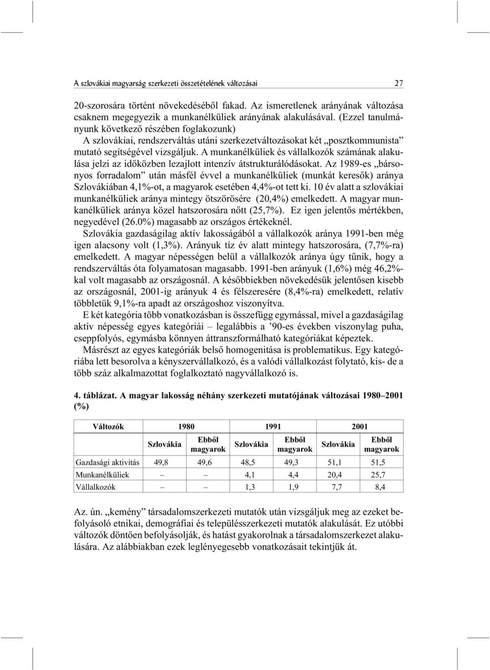 A munkanélküliek és vállalkozók számának alakulása jelzi az idõközben lezajlott intenzív átstrukturálódásokat.