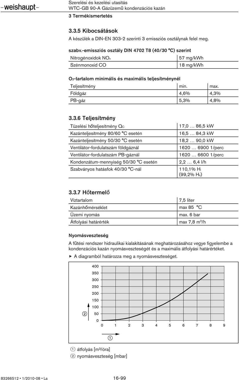 3.6 Teljesítmény Tüzelési hőteljesítmény QC Kazánteljesítmény 80/60 C esetén Kazánteljesítmény 50/30 C esetén Ventilátor-fordulatszám földgáznál Ventilátor-fordulatszám PB-gáznál