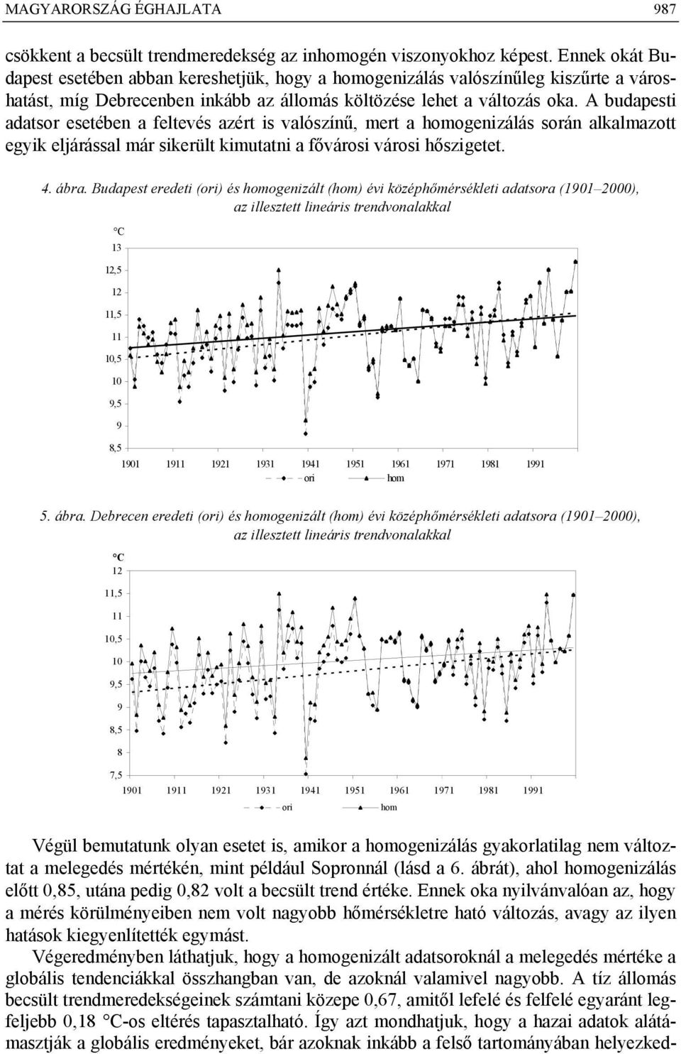 A budapesti adatsor esetében a feltevés azért is valószínű, mert a homogenizálás során alkalmazott egyik eljárással már sikerült kimutatni a fővárosi városi hőszigetet. 4. ábra.