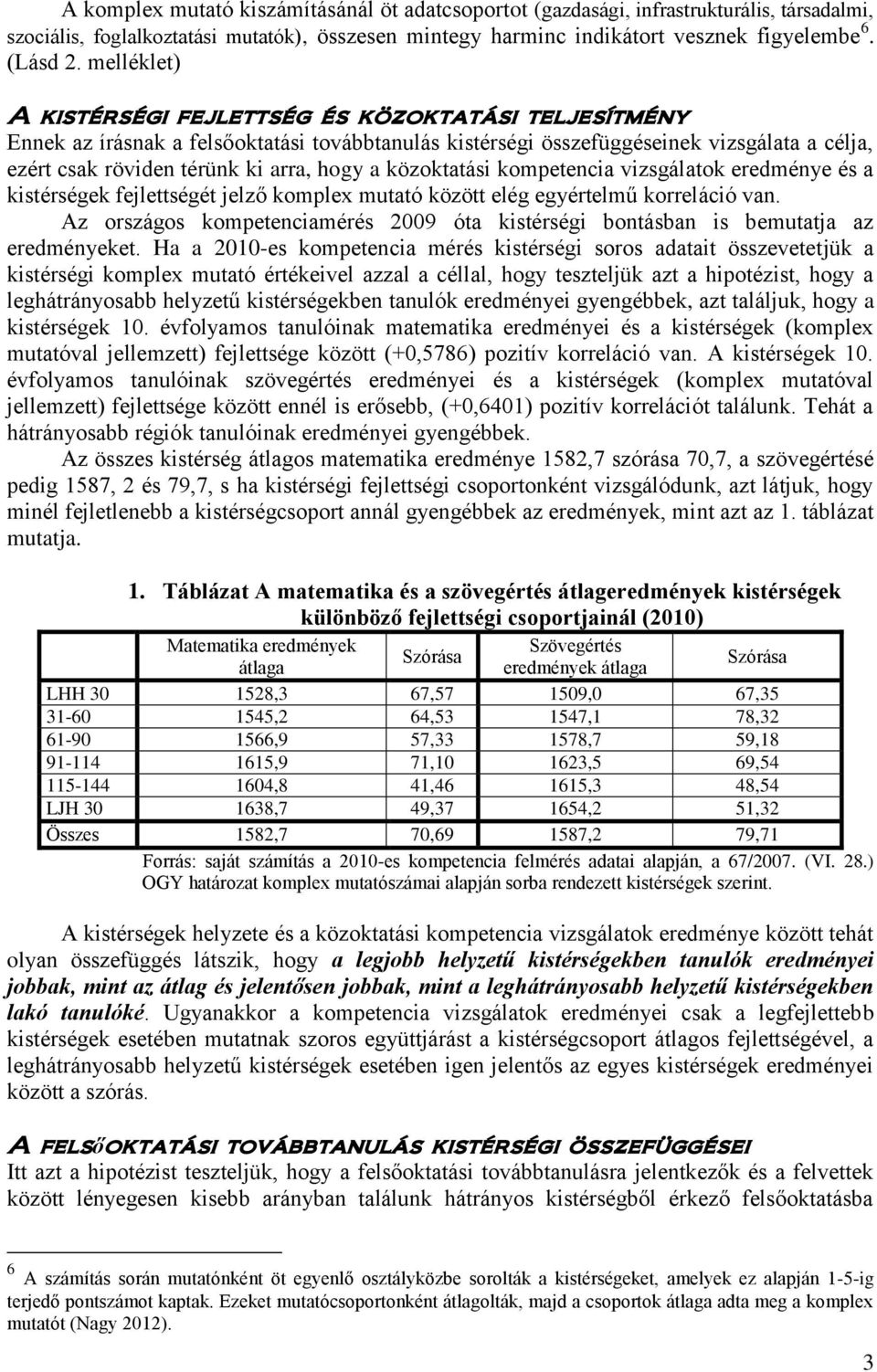 közoktatási kompetencia vizsgálatok eredménye és a kistérségek fejlettségét jelző komplex mutató között elég egyértelmű korreláció van.