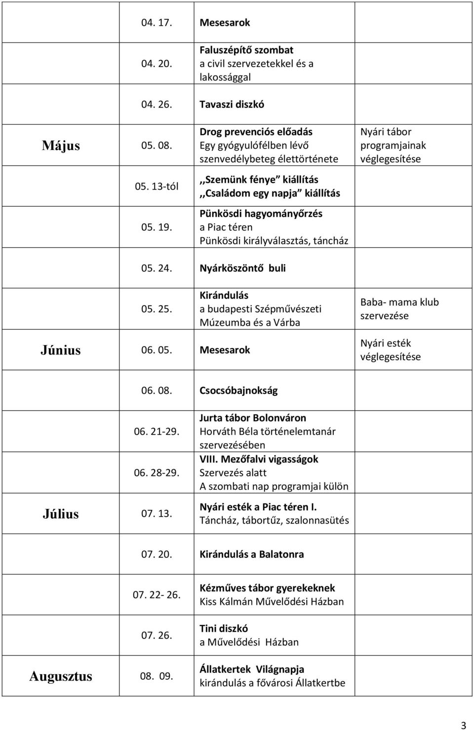 táncház Nyári tábor 05. 24. Nyárköszöntő buli 05. 25. Kirándulás a budapesti Szépművészeti Múzeumba és a Várba Baba- mama klub szervezése Június 06. 05. Nyári esték 06. 08. Csocsóbajnokság 06. 21-29.