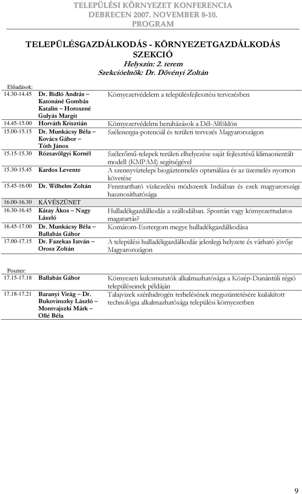 00-15.15 Dr. Munkácsy Béla Szélenergia-potenciál és területi tervezés Magyarországon Kovács Gábor Tóth János 15.15-15.