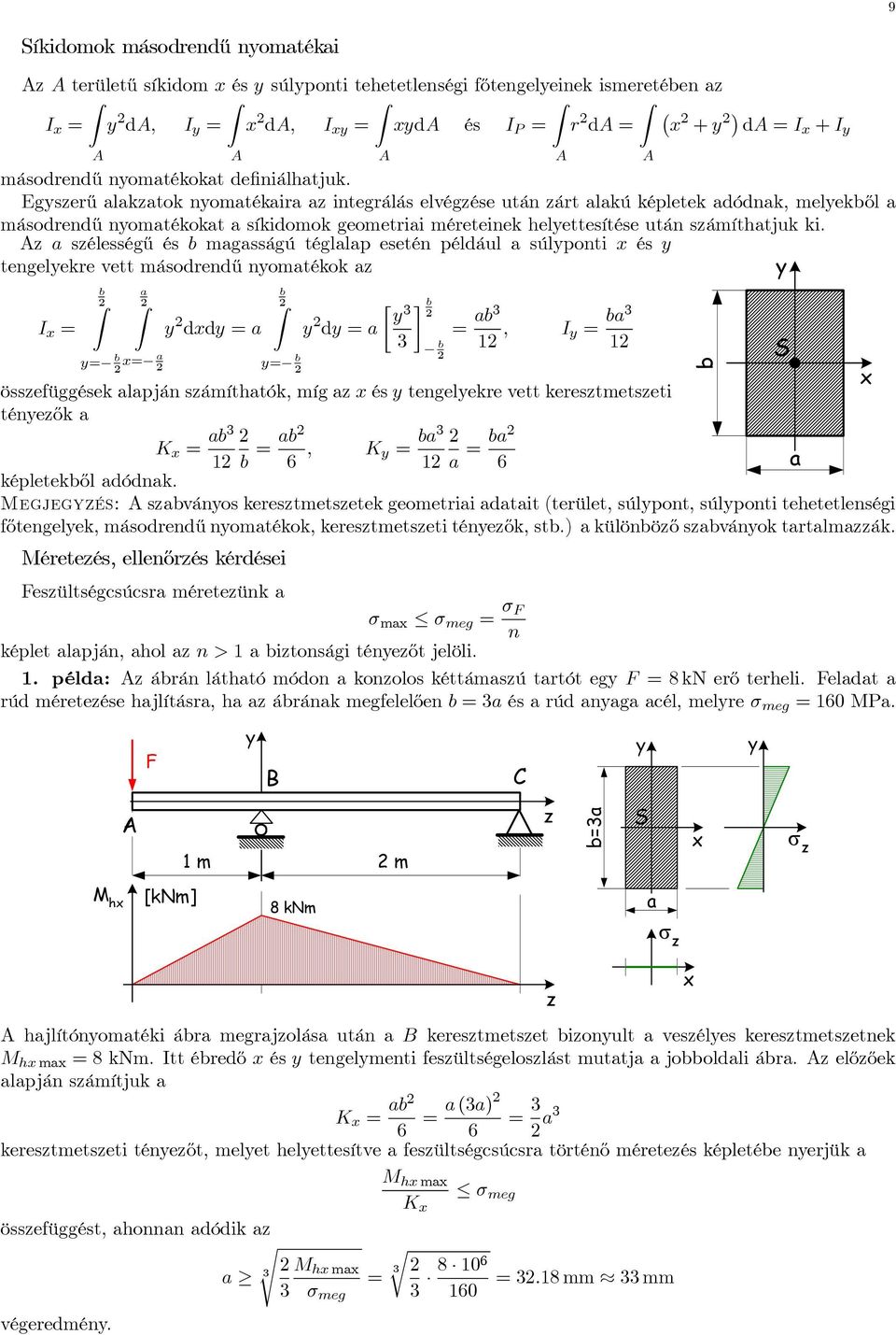 a sélességű ésb magasságú téglalap esetén pélául a súlponti és tengelekre vett másorenű nomatékok a I = b 2 a 2 = b = a 2 2 2 = a b 2 = b 2 2 = a b 3 2 3 b 2 = ab3 12, I = ba3 12 össefüggések alapján