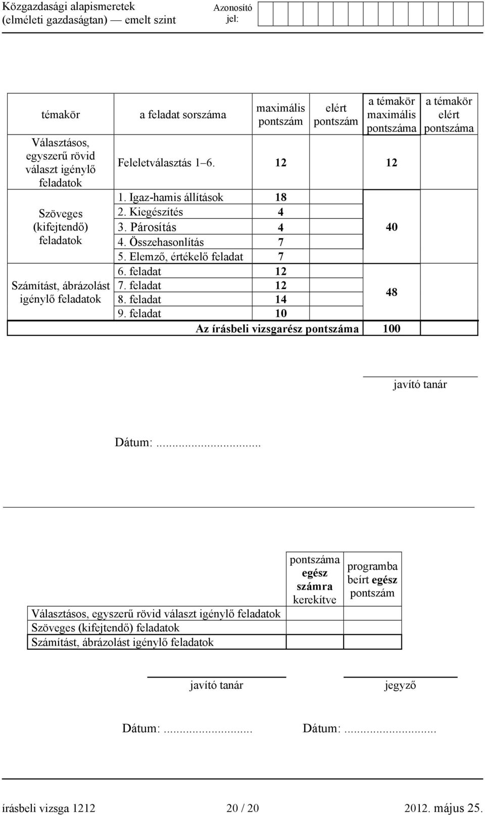 feladat 12 8. feladat 14 48 9. feladat 10 Az írásbeli vizsgarész a 100 a témakör elért a javító tanár Dátum:.