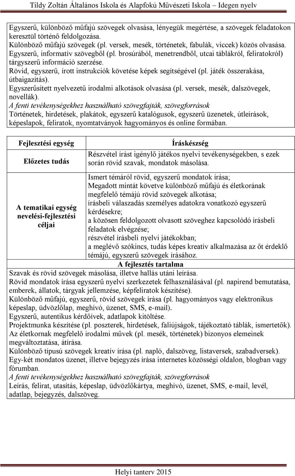 Rövid, egyszerű, írott instrukciók követése képek segítségével (pl. játék összerakása, útbaigazítás). Egyszerűsített nyelvezetű irodalmi alkotások olvasása (pl. versek, mesék, dalszövegek, novellák).