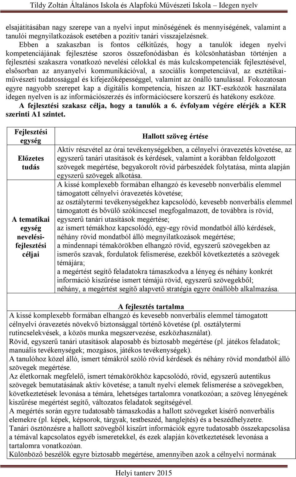 célokkal és más kulcskompetenciák fejlesztésével, elsősorban az anyanyelvi kommunikációval, a szociális kompetenciával, az esztétikaiművészeti tudatossággal és kifejezőképességgel, valamint az önálló