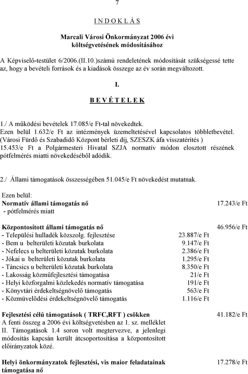 Ezen belül 1.632/e Ft az intézmények üzemeltetésével kapcsolatos többletbevétel. (Városi Fürdő és Szabadidő Központ bérleti díj, SZESZK áfa vísszatérítés ) 15.