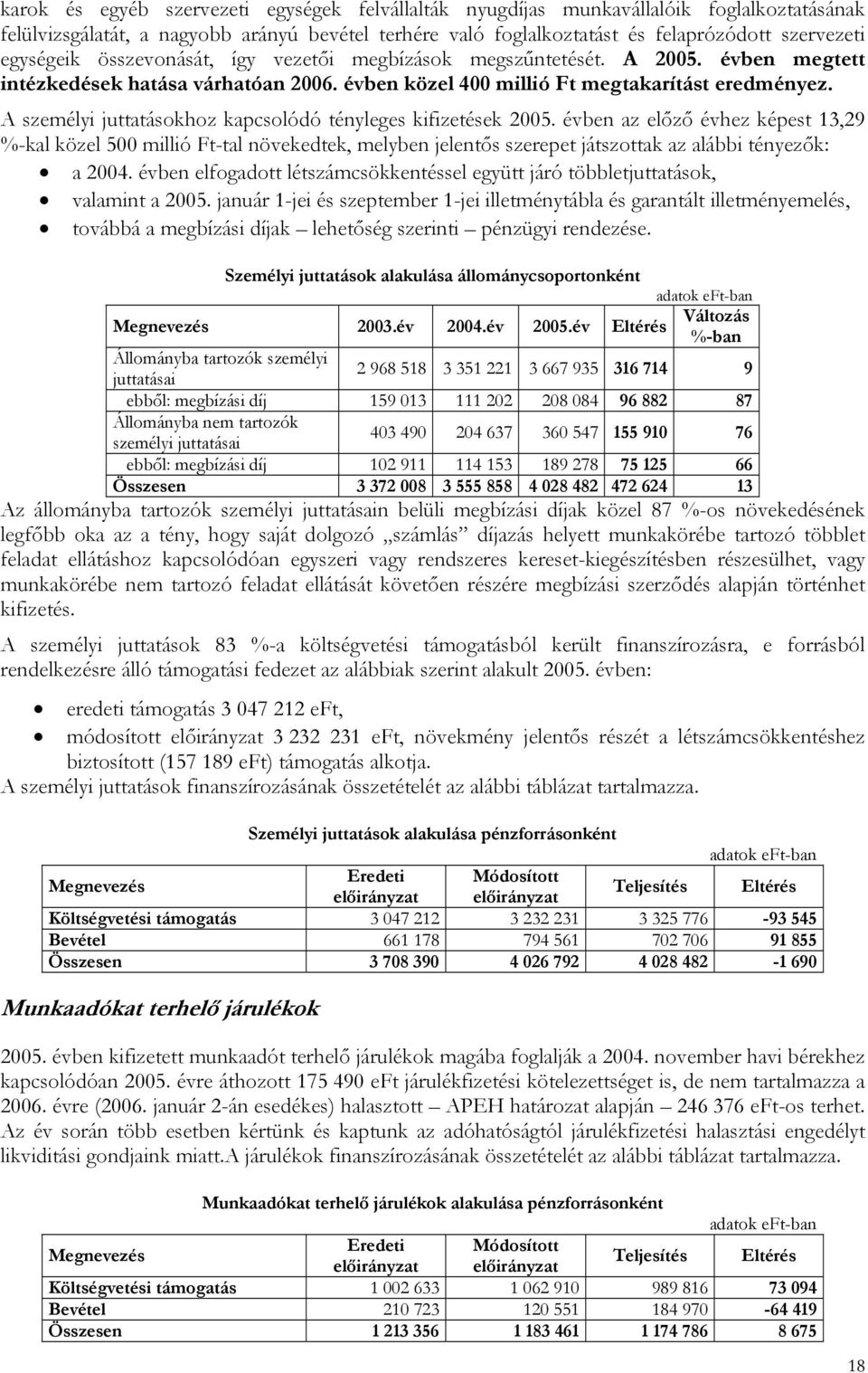 A személyi juttatásokhoz kapcsolódó tényleges kifizetések 2005.