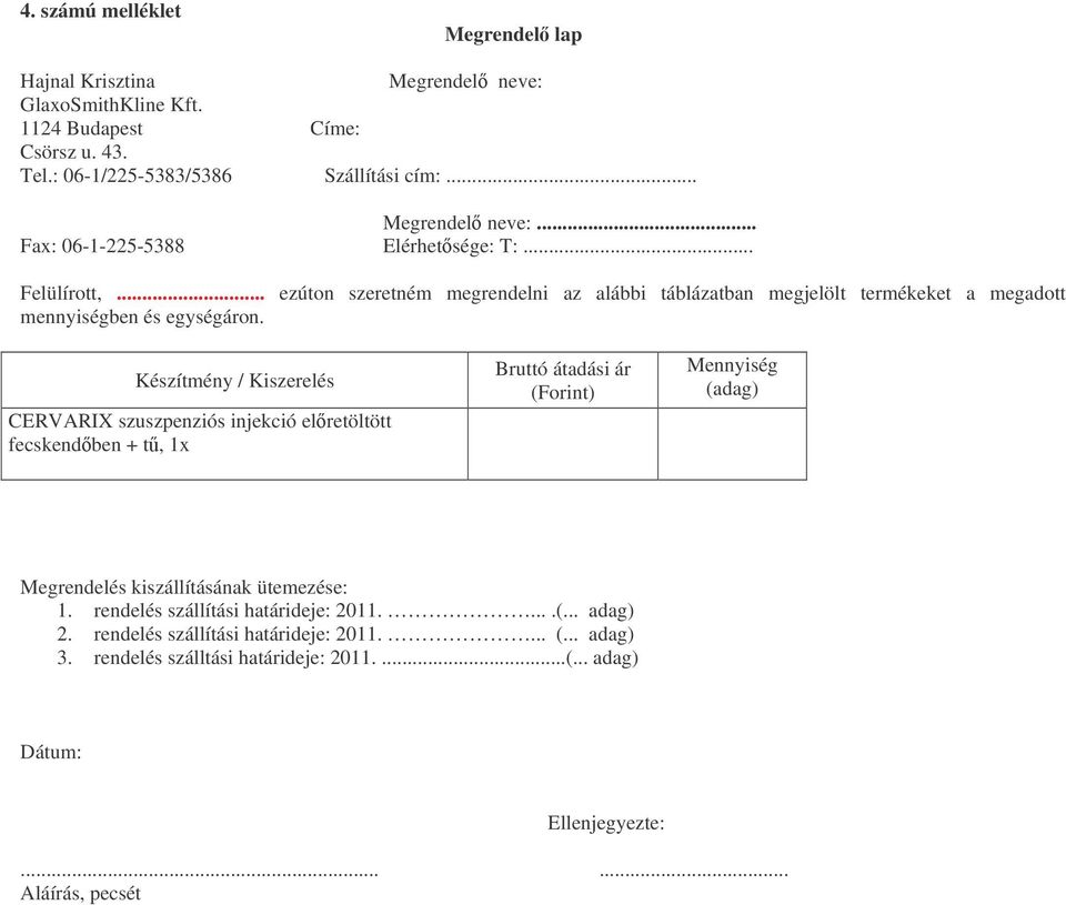 Készítmény / Kiszerelés CERVARIX szuszpenziós injekció elretöltött fecskendben + t, 1x Bruttó átadási ár (Forint) Mennyiség (adag) Megrendelés kiszállításának ütemezése: 1.