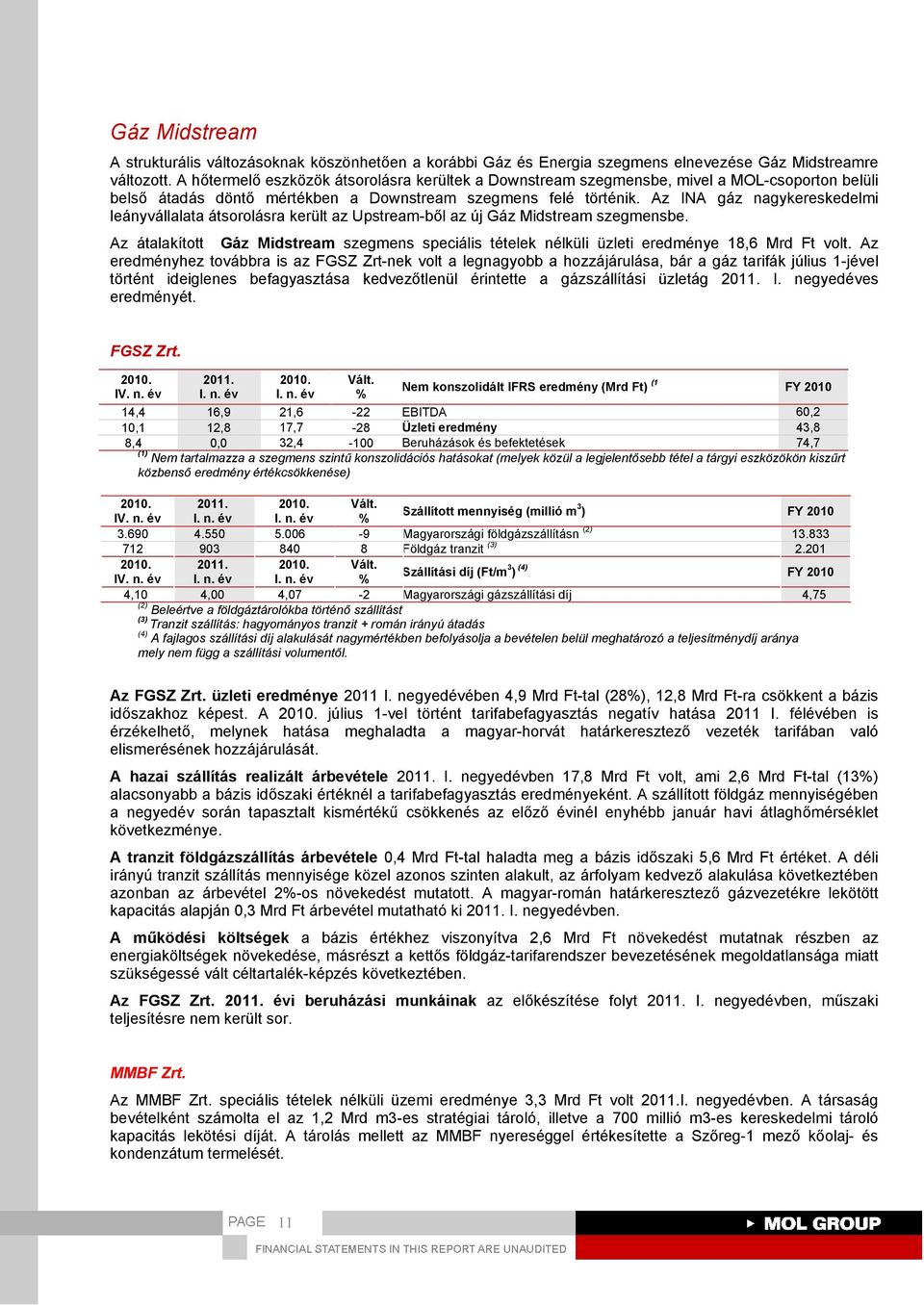 Az INA gáz nagykereskedelmi leányvállalata átsorolásra került az Upstream-ből az új Gáz Midstream szegmensbe.