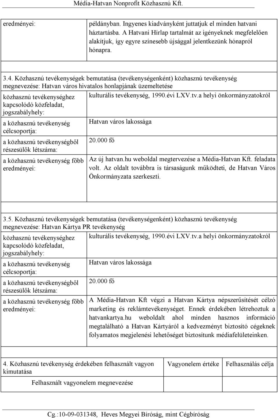 Közhasznú tevékenységek bemutatása (tevékenységenként) közhasznú tevékenység megnevezése: Hatvan város hivatalos honlapjának üzemeltetése közhasznú tevékenységhez kulturális tevékenység, 1990.évi LXV.