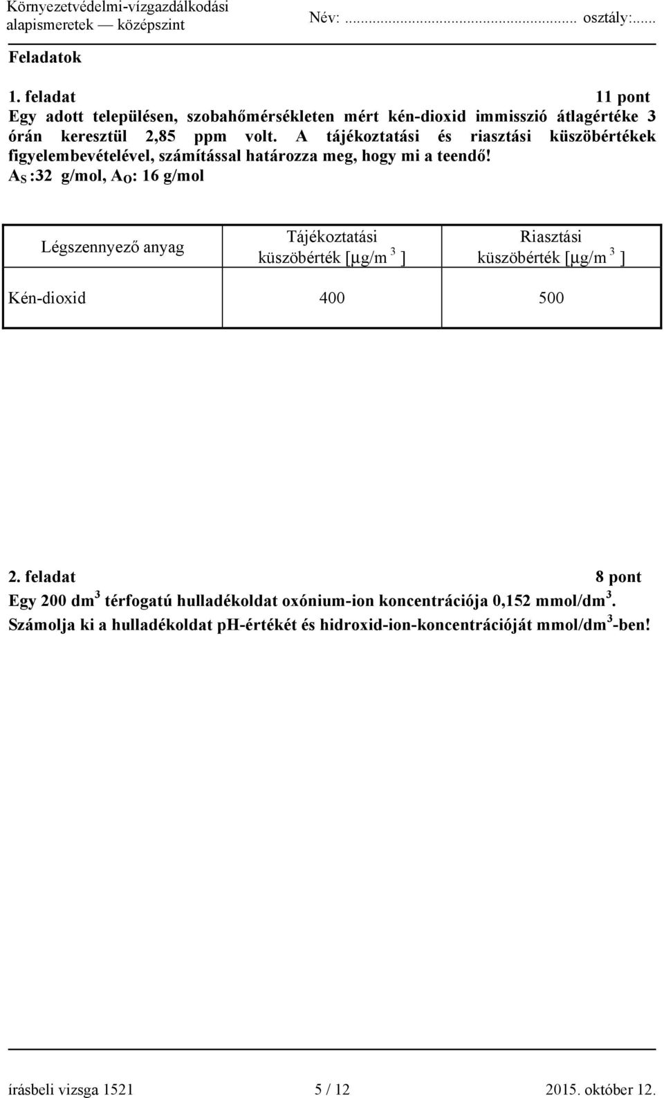 A S :32 g/mol, A O : 16 g/mol Légszennyező anyag Tájékoztatási küszöbérték [μg/m 3 ] Riasztási küszöbérték [μg/m 3 ] Kén-dioxid 400 500 2.