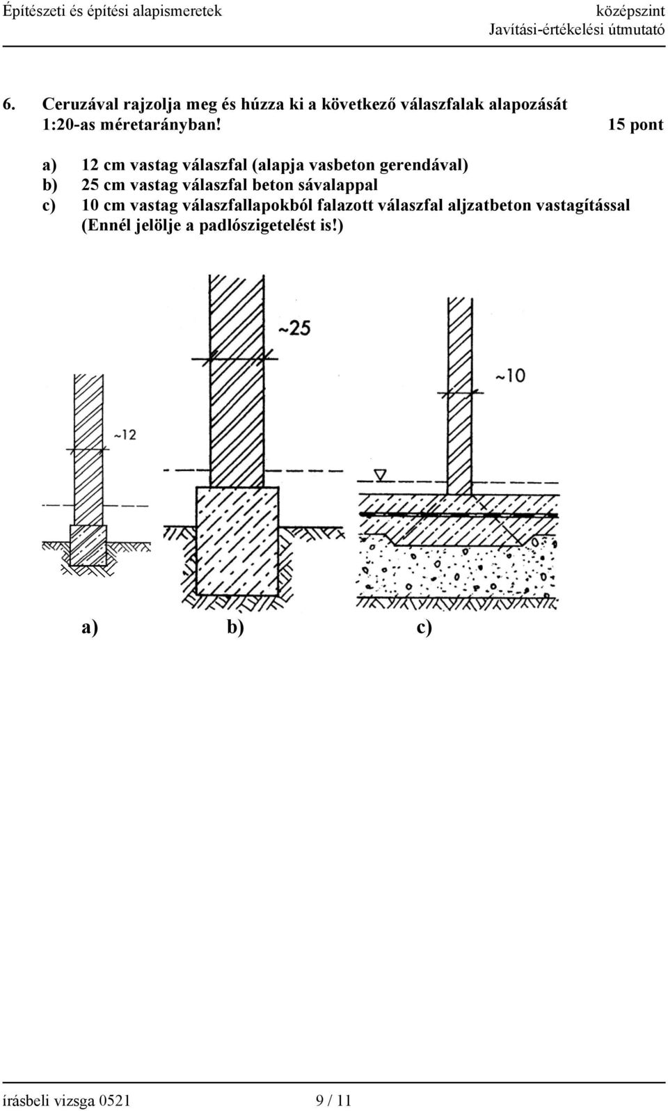 15 pont a) 12 cm vastag válaszfal (alapja vasbeton gerendával) b) 25 cm vastag válaszfal