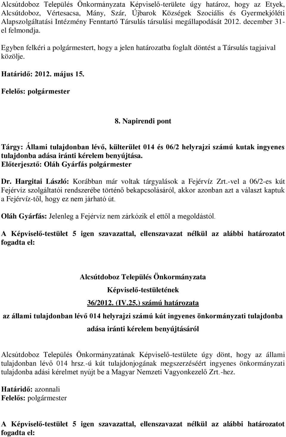 május 15. Felelős: polgármester 8. Napirendi pont Tárgy: Állami tulajdonban lévő, külterület 014 és 06/2 helyrajzi számú kutak ingyenes tulajdonba adása iránti kérelem benyújtása.