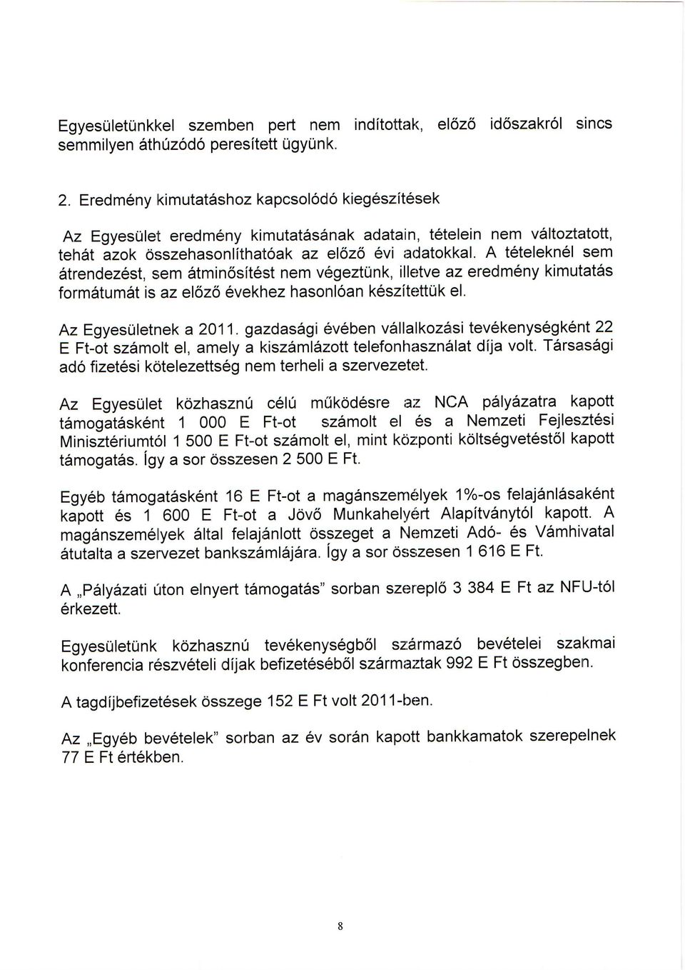 A tetelekn6l sem 6trendez6st, sem Stmin6sit6st nem v6geztunk, illeltve az eredmeny kimutatss form6tumatis az elozo 6vekhez hasonloan k6szitettuk el. Az EgyesUletnek a 211.