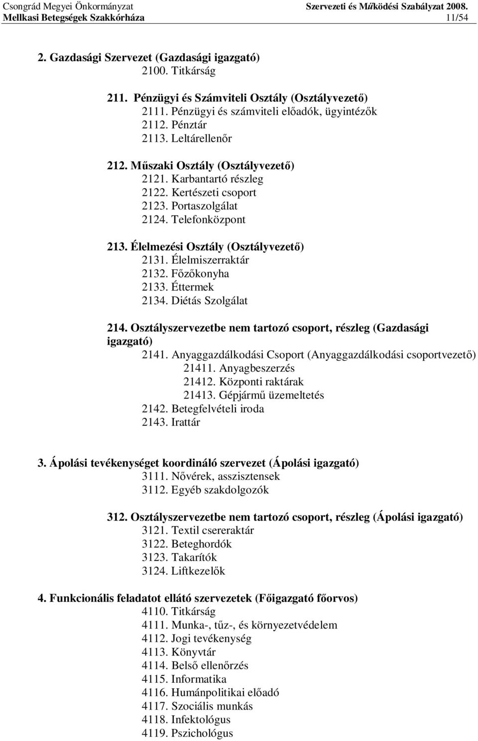 Telefonközpont 213. Élelmezési Osztály (Osztályvezet ) 2131. Élelmiszerraktár 2132. F konyha 2133. Éttermek 2134. Diétás Szolgálat 214.