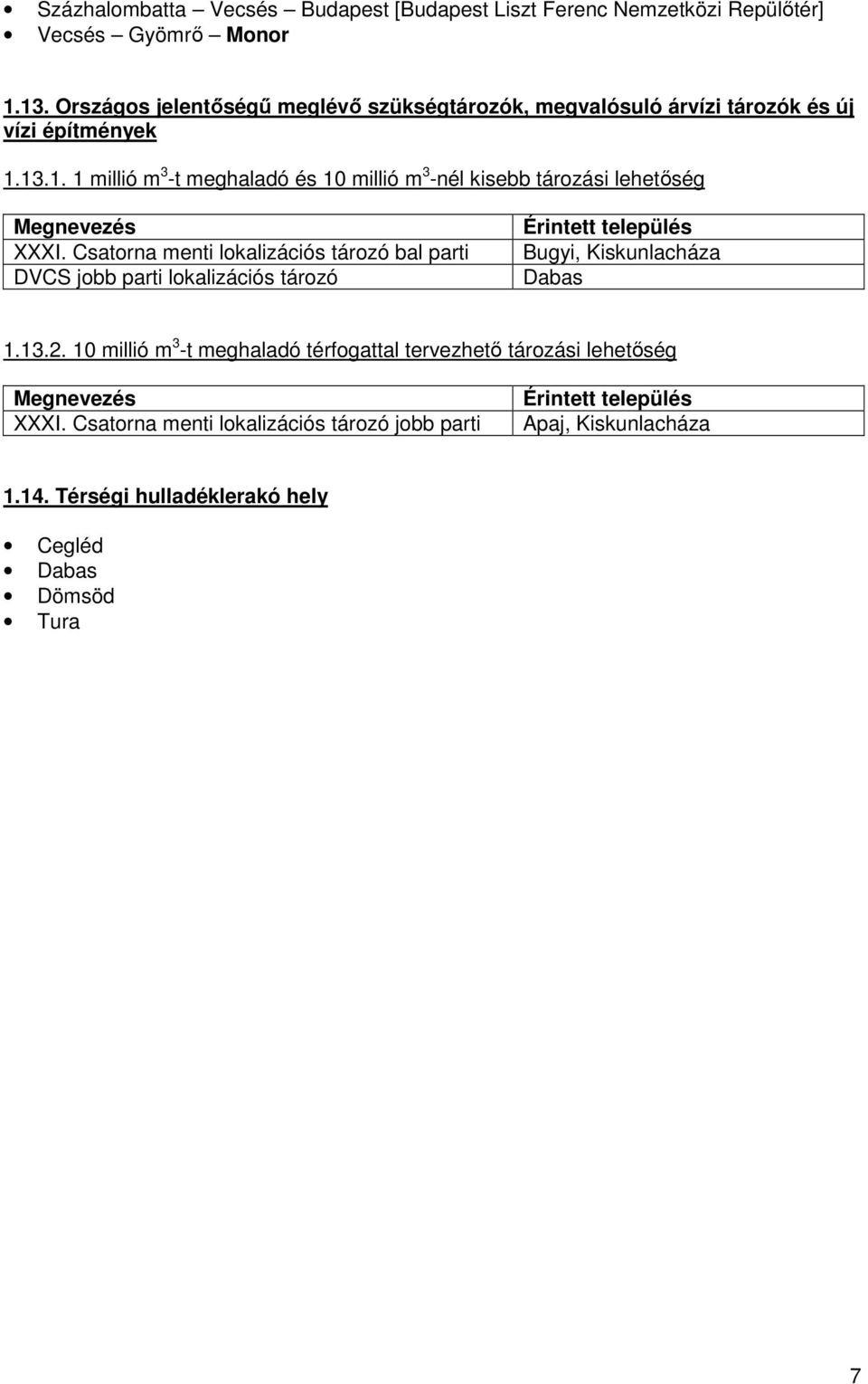 13.1. 1 millió m 3 -t meghaladó és 10 millió m 3 -nél kisebb tározási lehetıség Megnevezés XXXI.