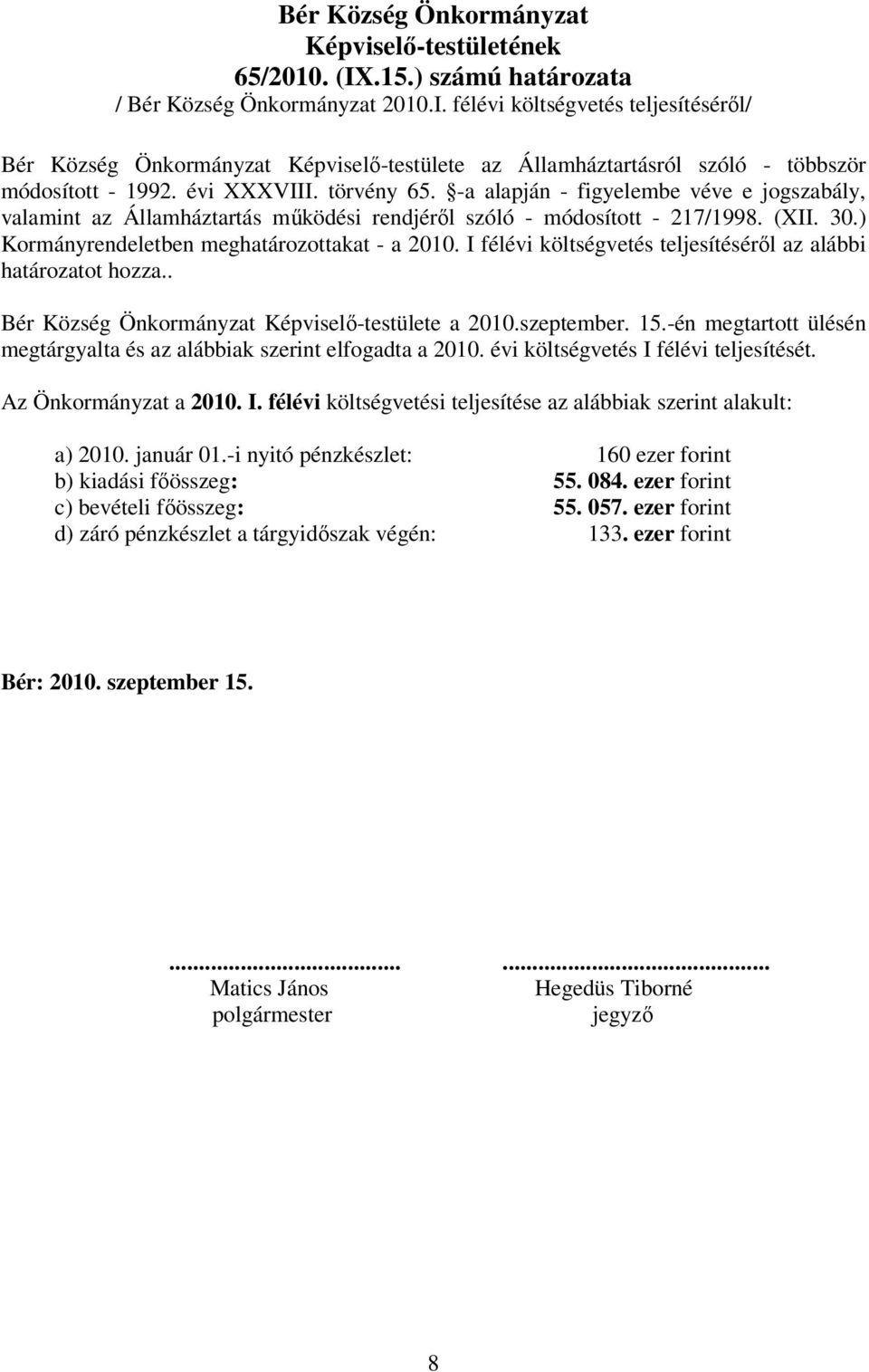 ) Kormányrendeletben meghatározottakat - a 2010. I félévi költségvetés teljesítésérıl az alábbi határozatot hozza.. Bér Község Önkormányzat Képviselı-testülete a 2010.szeptember. 15.