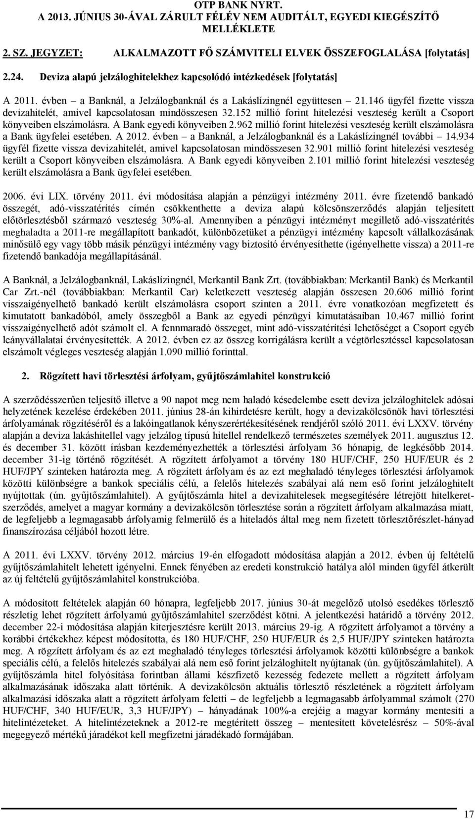 152 millió forint hitelezési veszteség került a Csoport könyveiben elszámolásra. A Bank egyedi könyveiben 2.962 millió forint hitelezési veszteség került elszámolásra a Bank ügyfelei esetében.