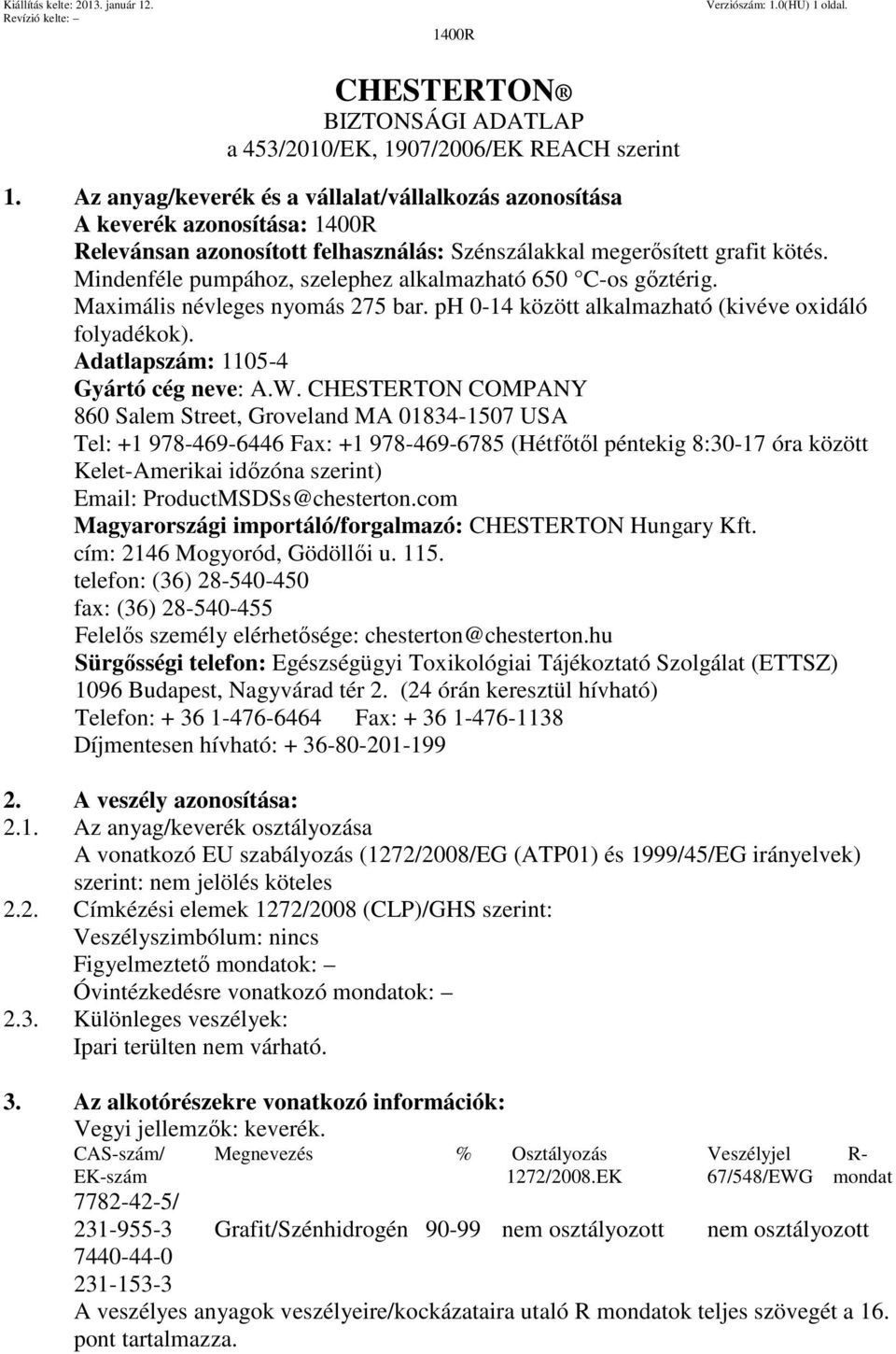 Mindenféle pumpához, szelephez alkalmazható 650 C-os gőztérig. Maximális névleges nyomás 275 bar. ph 0-14 között alkalmazható (kivéve oxidáló folyadékok). Adatlapszám: 1105-4 Gyártó cég neve: A.W.