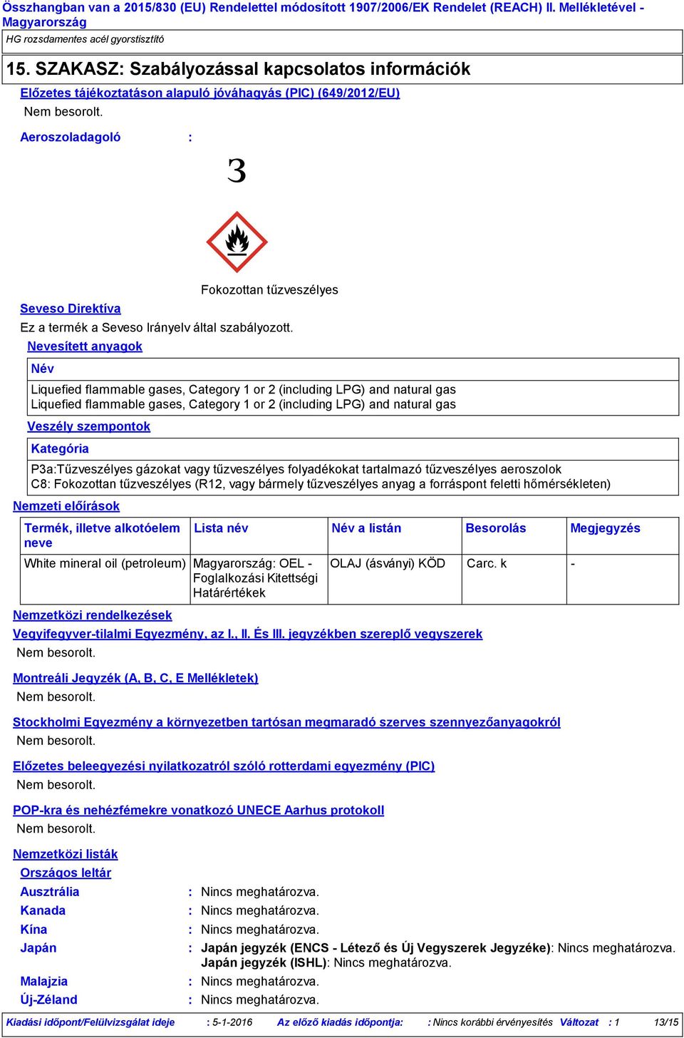 Nevesített anyagok Név Liquefied flammable gases, Category 1 or 2 (including LPG) and natural gas Liquefied flammable gases, Category 1 or 2 (including LPG) and natural gas Veszély szempontok