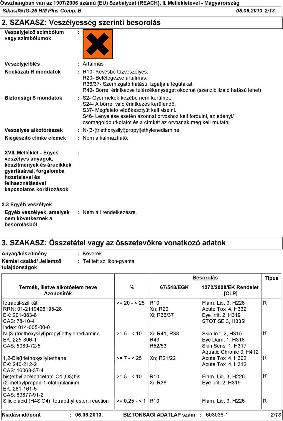 Kevésbé tűzveszélyes. R20- Belélegezve ártalmas. R36/37- Szemizgató hatású, izgatja a légutakat. R43- Bőrrel érintkezve túlérzékenységet okozhat (szenzibilizáló hatású lehet).