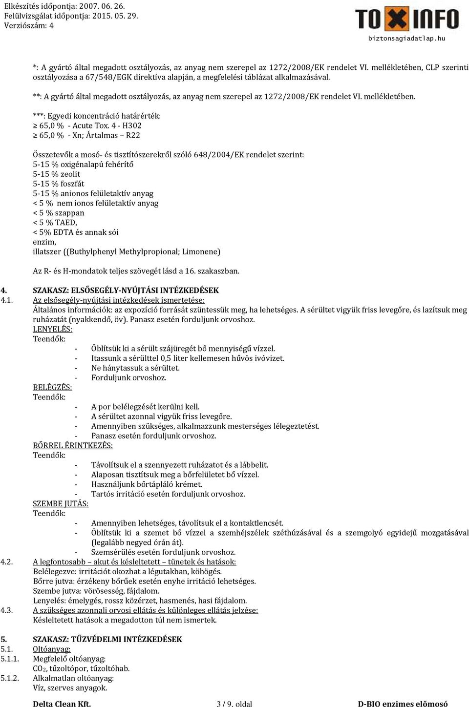 4 - H302 65,0 % - Xn; Ártalmas R22 Összetevők a mosó- és tisztítószerekről szóló 648/2004/EK rendelet szerint: 5-15 % oxigénalapú fehérítő 5-15 % zeolit 5-15 % foszfát 5-15 % anionos felületaktív
