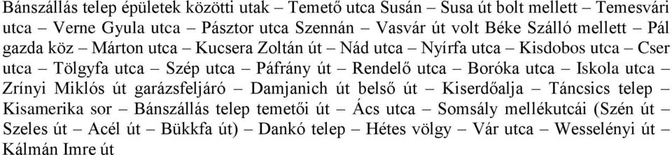 út Rendelő utca Boróka utca Iskola utca Zrínyi Miklós út garázsfeljáró Damjanich út belső út Kiserdőalja Táncsics telep Kisamerika sor