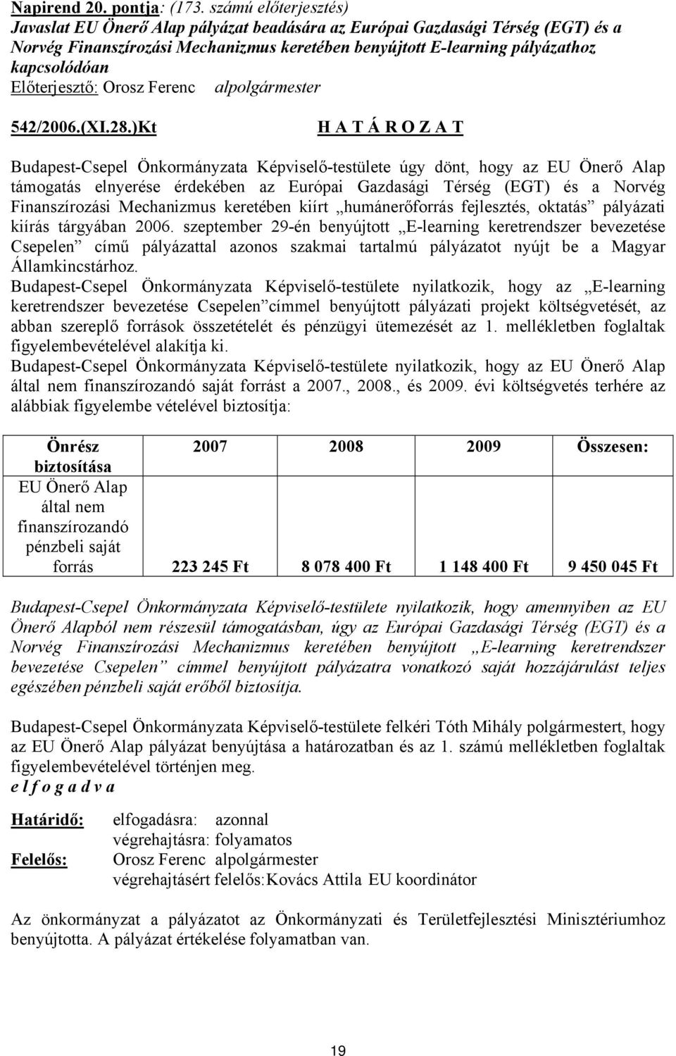 Előterjesztő: Orosz Ferenc alpolgármester 542/2006.(XI.28.